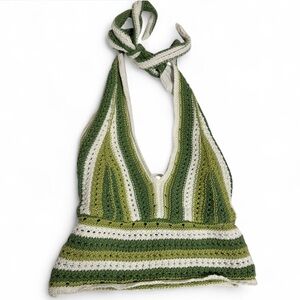 Hollister Green & White Crochet Halter Top Y2K boho